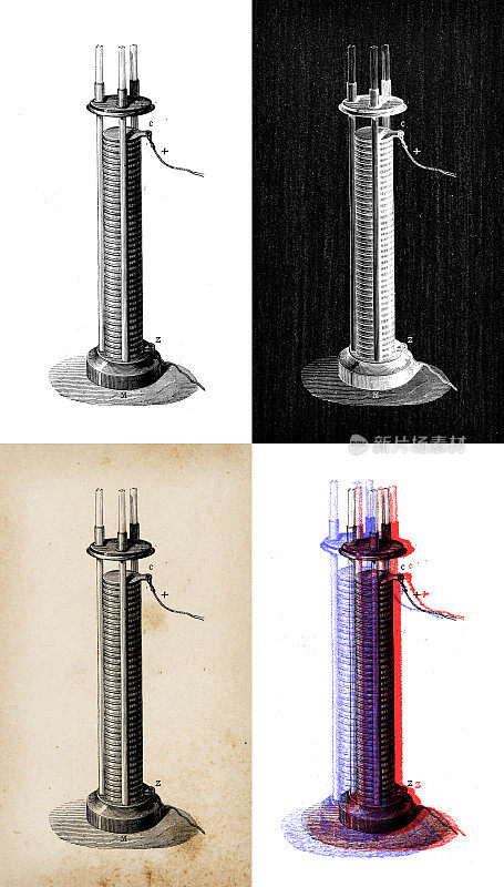 科学发现的古董插图，电和磁:电池