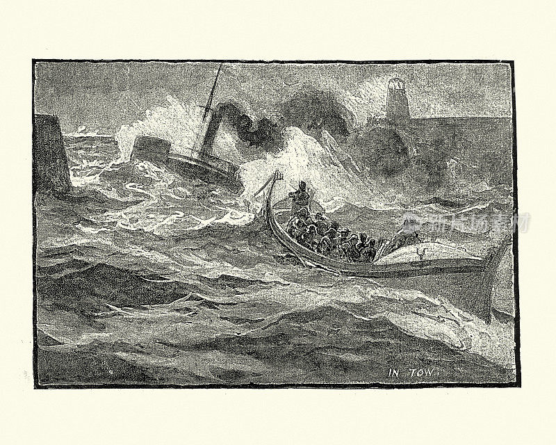 19世纪维多利亚时代，蒸汽拖船拖着救生艇出海