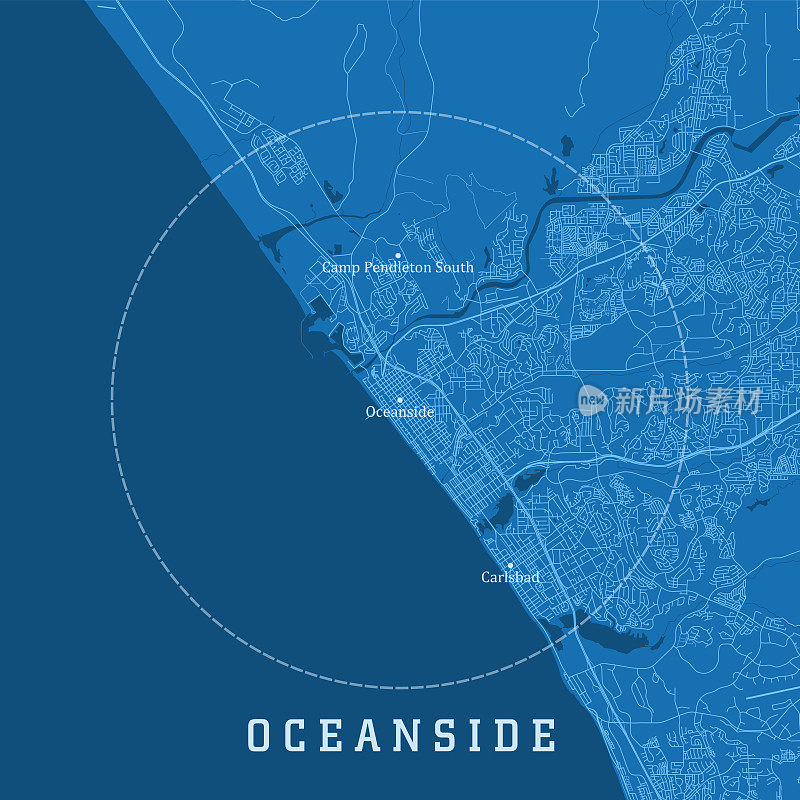 海滨CA城市矢量道路地图蓝色文本