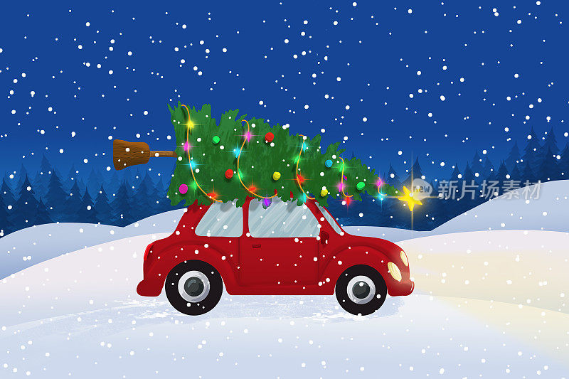 小红车载着圣诞树在白雪覆盖的森林里