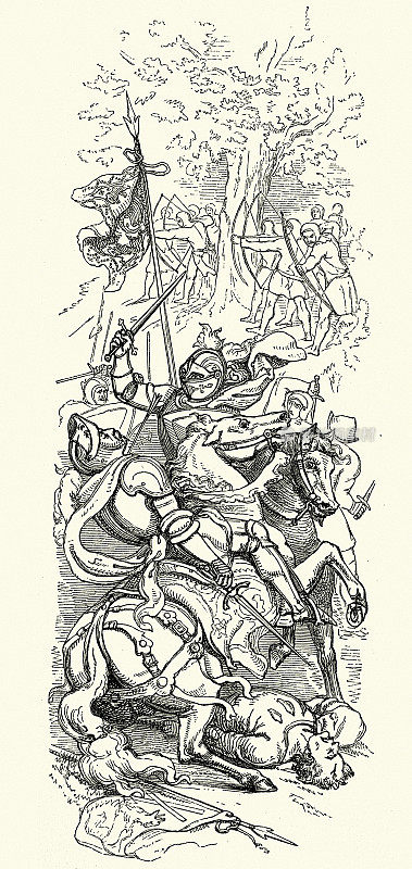 中世纪的骑士穿着盔甲在马背上战斗，战斗，战争，剑