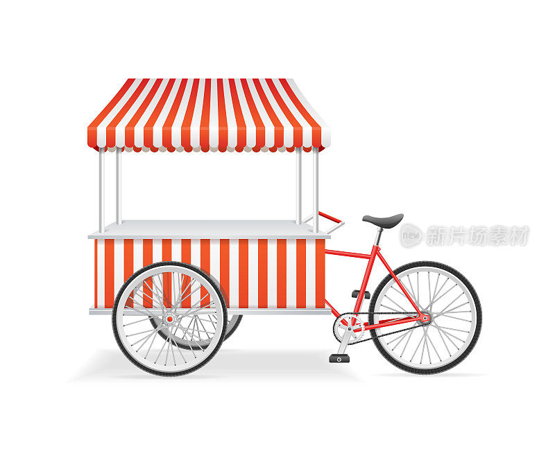 逼真详细的3d自行车街食品推车。向量