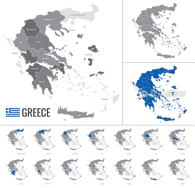 详细的希腊地区矢量地图与国家国旗