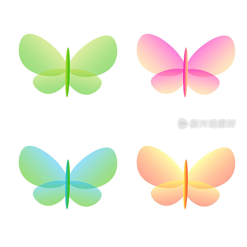 美丽的蝴蝶昆虫孤立的图标集矢量插图。绿色的，粉红色的，黄色的动物翅膀飞。造型简单的图形装饰元素。霓虹灯夏天幻想蝴蝶对象收集。