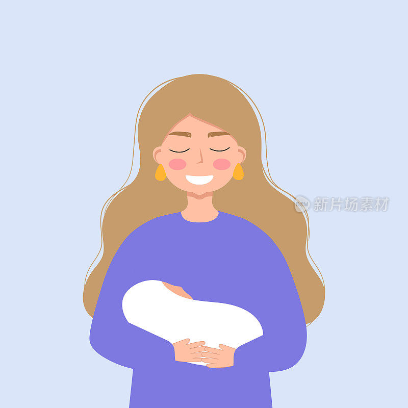 母亲抱着刚出生的婴儿卡通向量平面插图。母亲节。