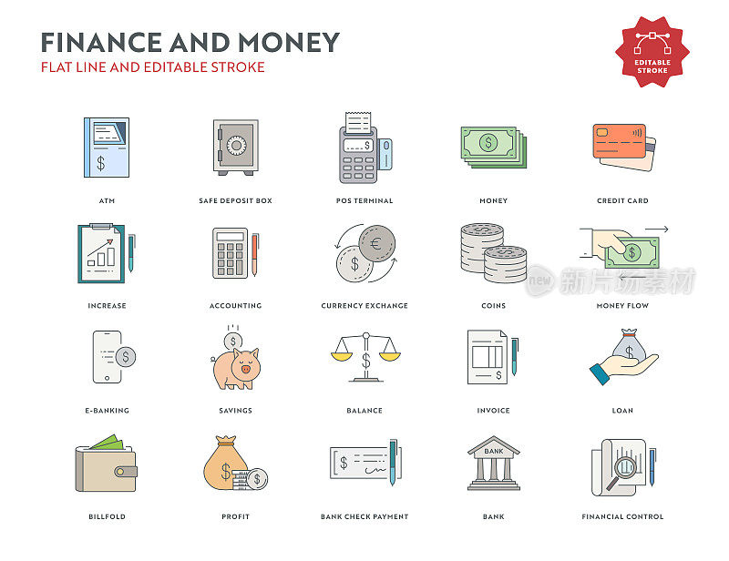 财务和金钱平线图标设置与可编辑的Stroke