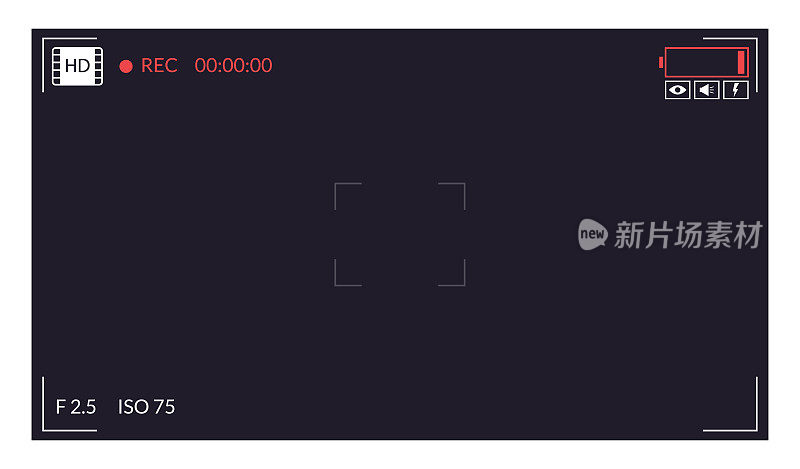 相机的取景器。对焦屏录制。带有视频拍摄参数的黑屏相机，照片质量指示器。数字变焦记录现代矢量博客