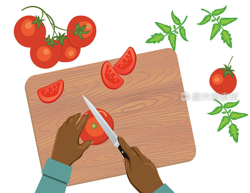 在透明的背景上，双手切西红柿沙拉的俯视图