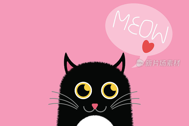 一个黑色的猫和文本“喵”的矢量插图在粉红色的背景。