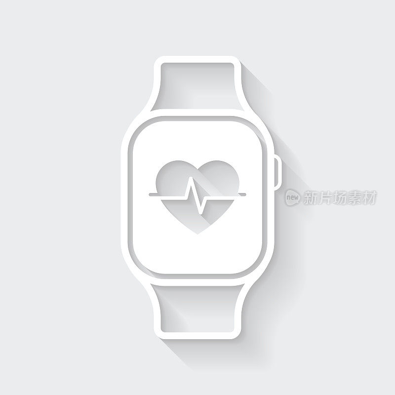 智能手表与健康应用程序。图标与长阴影在空白背景-平面设计