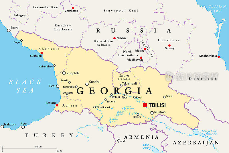 格鲁吉亚，政治地图，首都第比利斯和国际边界