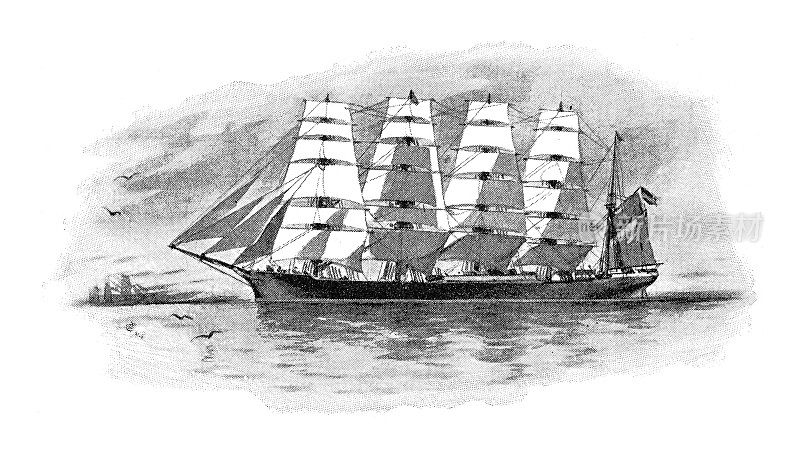 德国五桅钢帆船-复古雕刻插图