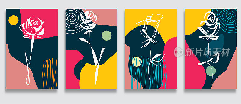 矢量现代时尚彩色卡片集线艺术玫瑰花图案极简主义横幅模板设计元素集合，抽象背景