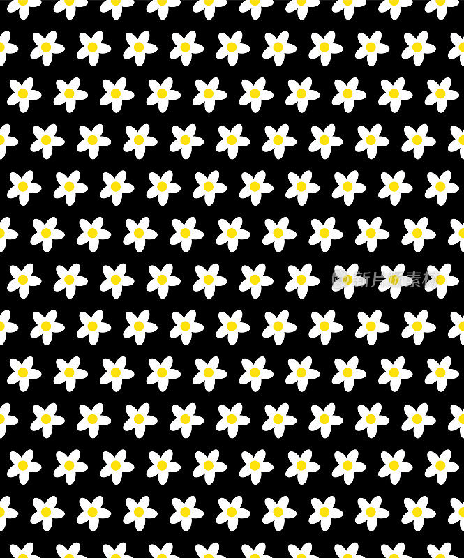 无缝图案白色花朵与黄色在黑色背景平面矢量，无缝花卉图案