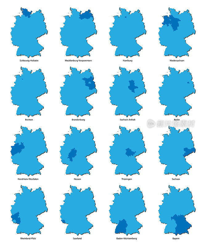 德国地图上标出了独立的联邦州