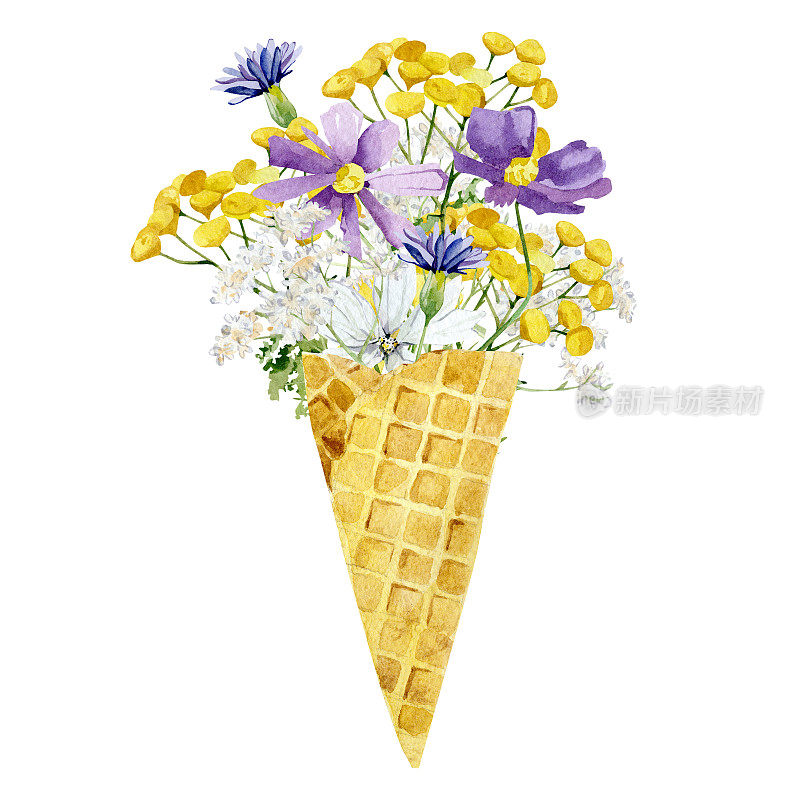 水彩冰淇淋放在华夫饼筒里，里面有香草，野花，野花，野花。夏季插图印刷和贺卡。