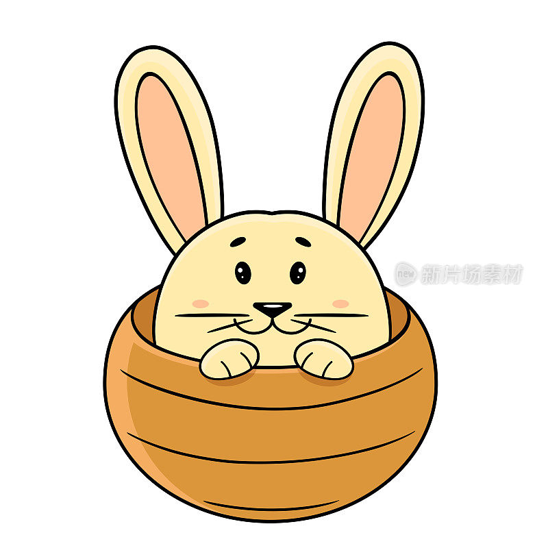 一只可爱的小白兔坐在柳条篮子里。