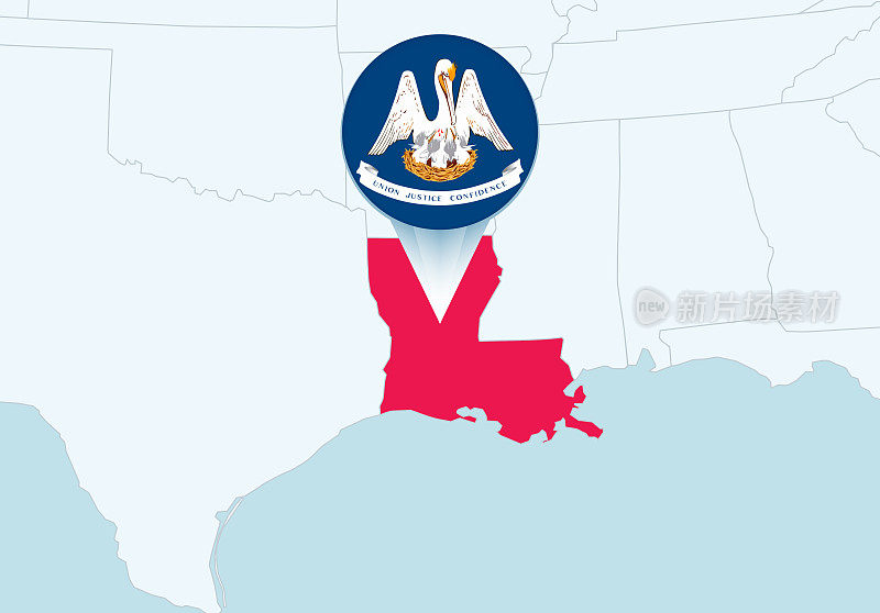 美国与选定的路易斯安那州地图和路易斯安那州旗帜图标。