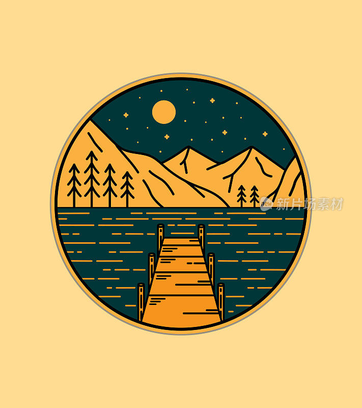 在湖上的一个木制码头的观点对山区的背景野线徽章贴片针图形插图矢量艺术t恤设计