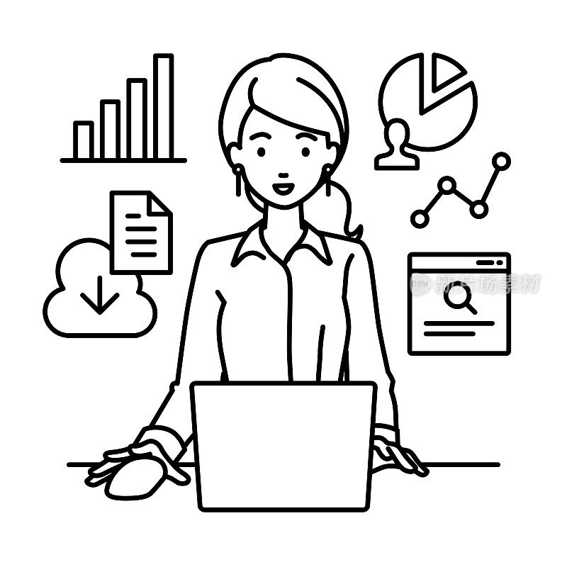 一名穿着衬衫的女士坐在办公桌前，用笔记本电脑浏览网站、搜索资料、在云端共享文件、分析和做报告
