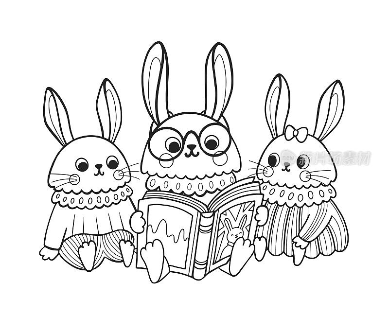 可爱的兔子轮廓卡通人物。兔妈妈给孩子们读童话故事书。涂色书页模板儿童和儿童，涂鸦打印，矢量轮廓插图。