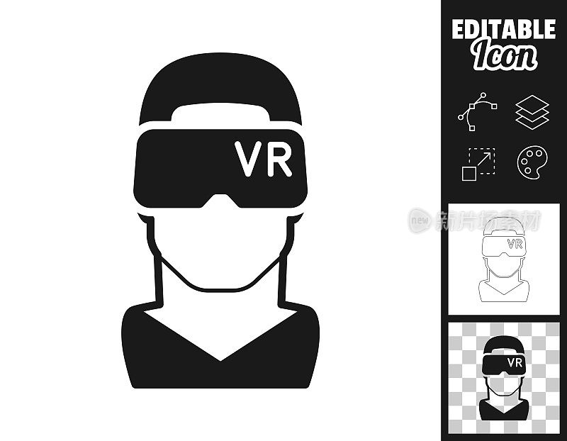 戴着VR头盔的人-虚拟现实。图标设计。轻松地编辑