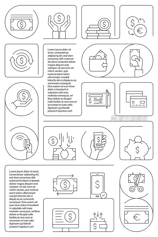 货币和支付相关矢量横幅设计概念，现代线风格与图标
