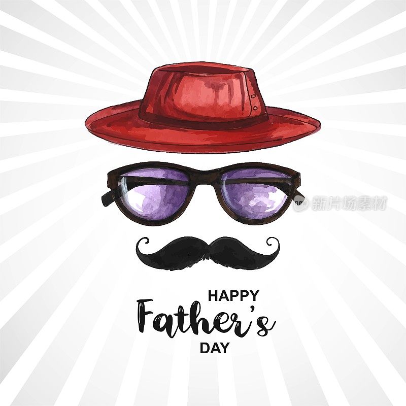 快乐父亲节帽子和眼镜上的胡子水彩设计