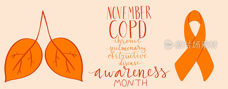 慢性阻塞性肺疾病意识月11月手写刻字。橙丝带的支持。肺作为叶子的插图。网络横幅向量