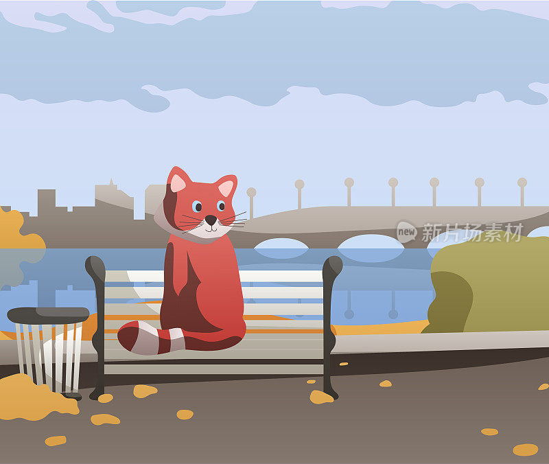 秋天公园的插图。一只小熊猫正坐在路堤上的长凳上。城市景观，有一座桥，一条河，倒影在其中，秋叶落在地上。准备使用eps