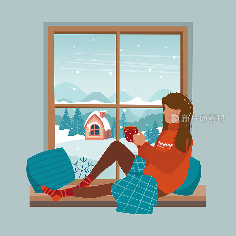 舒适的冬天插画可爱的女孩坐在窗台上的杯子，小针织毯子。俯瞰村庄的窗户。舒适的生活方式。平面风格手绘矢量。窗边的女孩
