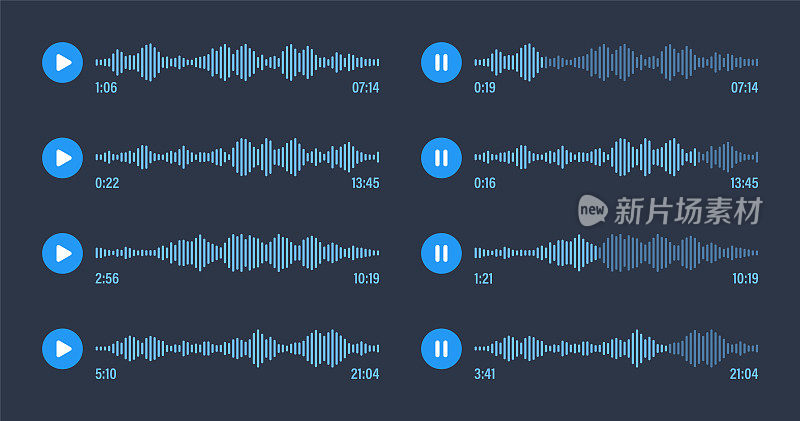 语音信息，社交媒体聊天对话。消息应用程序，音乐播放器，音频或视频编辑器界面元素。语音助手，录音机。声波模式。黑暗的模式。矢量图