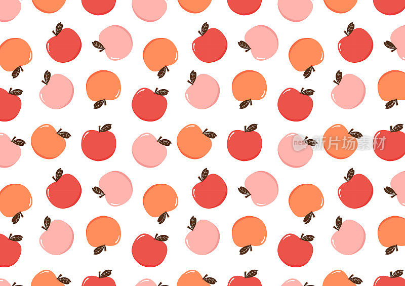 桃心图案背景。用树叶图标涂鸦桃子。白色背景上孤立的心形桃果。农场，天然食物，新鲜水果。