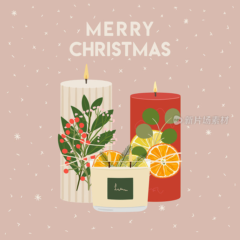 圣诞贺卡上有香味的大豆，石蜡蜡烛上有干橘子，冬天的绿色植物。新年，圣诞快乐海报。零浪费的环保礼物。手绘矢量