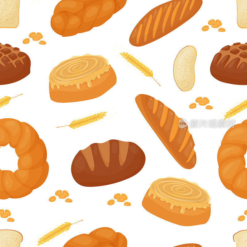 黄油糕点图案。糖果。早餐吃小面包。面包。面包店。白色背景上的矢量插图。