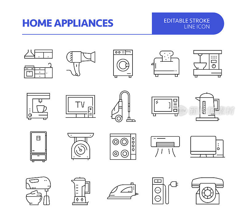家电相关线矢量图标集。可编辑的中风。洗衣机，炉子，搅拌机，吸尘器，空调