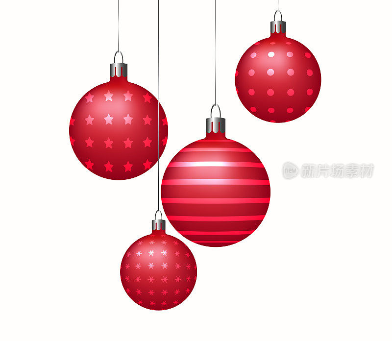 白色背景的圣诞3D红球。向量