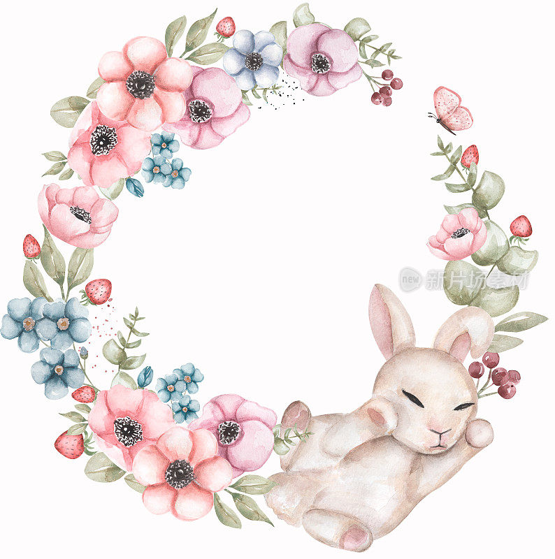 可爱的睡兔，复活节白兔在海葵花和野生花卉框架，精致的春天花环。蝴蝶，浆果，绿色植物。复活节套装，明信片。
