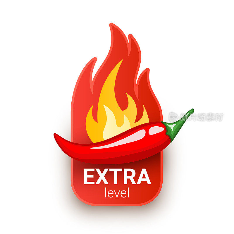 红辣椒荚和火焰从后面。额外的辣度。辣酱或其他辛辣食物的标志设计