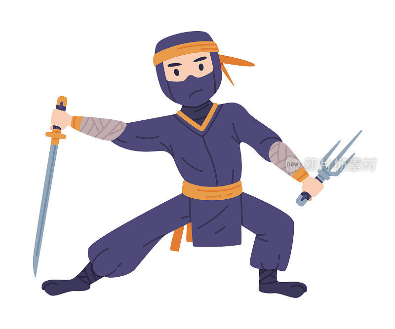 忍者或忍者角色作为日本秘密特工或雇佣兵在Shozoku伪装服装与剑在战斗姿态矢量插图