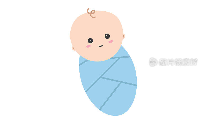 微笑婴儿襁褓剪纸。简单可爱的微笑婴儿襁褓在蓝色包裹平面矢量插图。快乐婴儿襁褓卡通风格。儿童，婴儿淋浴，新生儿和育儿室装饰概念