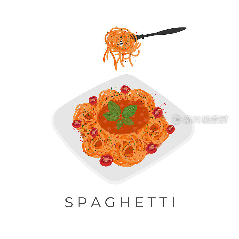 白色盘子上的意大利面插图，准备用叉子吃