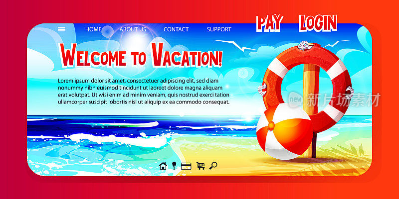 卡通风格的夏日旅游和海滩度假网页。救生圈与一个球的背景上的海洋景观。欢迎来度假!
