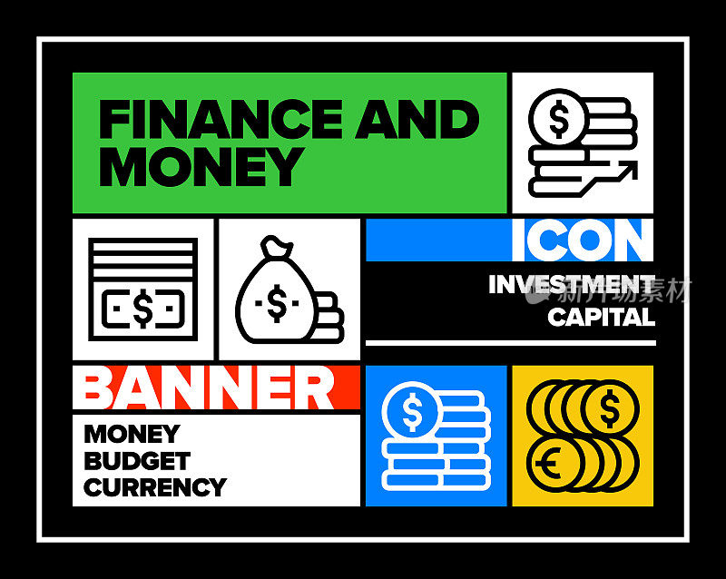 金融和金钱线图标集和横幅设计