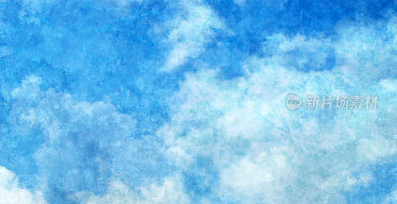 温和的夏天天空背景的水彩插图，蓝天和白云的形象