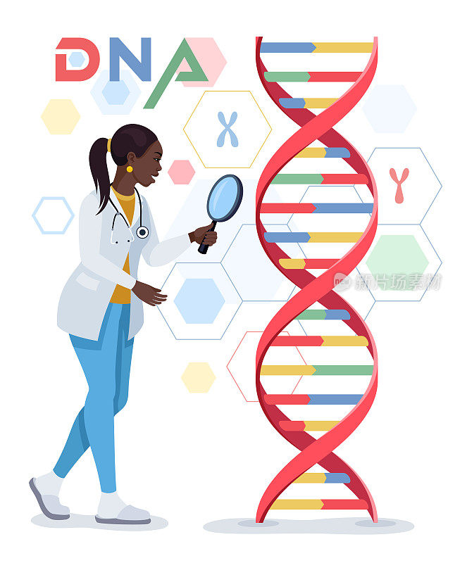 女博士角色正在用放大镜测试DNA。医学实验室概念。
