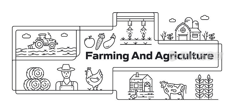农场和农业现代线旗帜与图标。采购产品农民，谷仓，牲畜，拖拉机，干草包，农田，鸡蛋，面粉