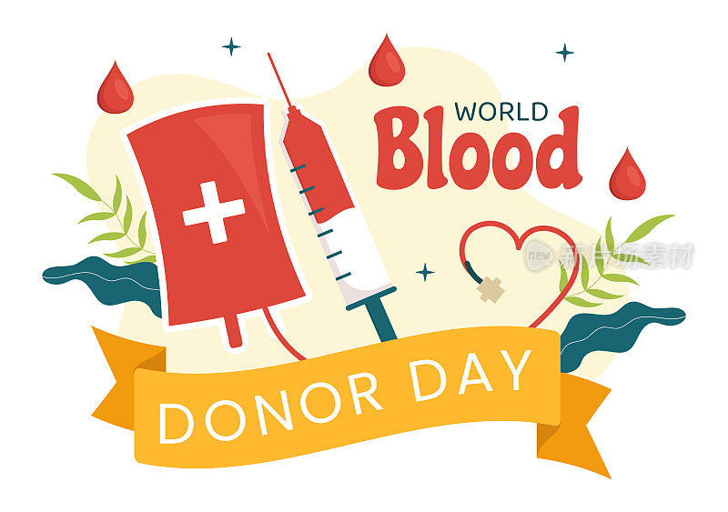 6月14日世界献血者日拯救生命平面卡通手绘模板中人类捐献血液的插图