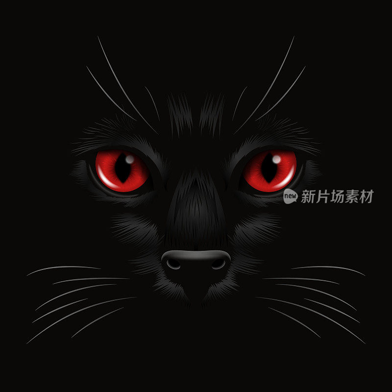 矢量3d逼真的红猫在黑暗中的黑猫的眼睛，在晚上。红色，猫脸，鼻子，黑色胡须。猫在黑暗中的特写镜头。前视图