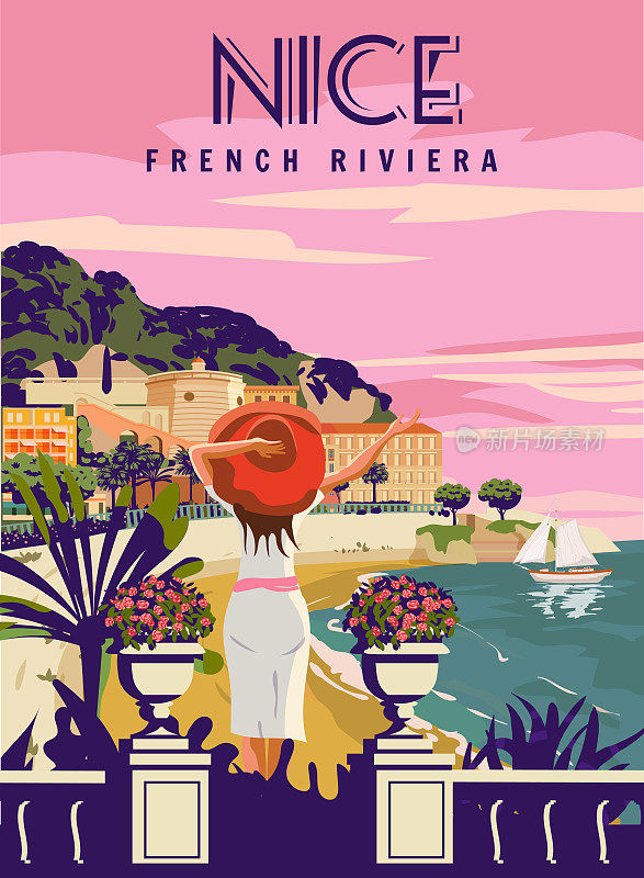 Nice法国里维埃拉海岸海报复古。度假的女士，棕榈，度假村，海岸，大海，海滩。复古风格插图矢量